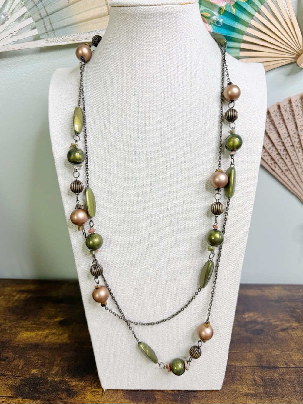 Vintage Olive Green and Bronze Multi-Strand Bead Necklace With Tiger’s Eye Chip
